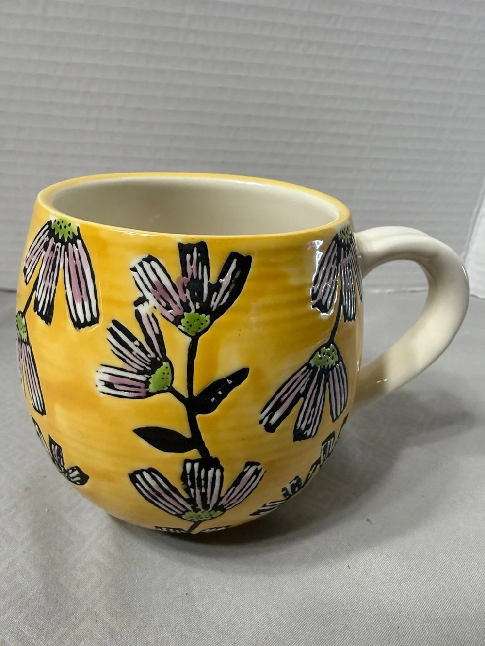 Vintage Potter’s Studio Boho Ceramic Mug Cup Yellow Floral Pattern Hand Painted
